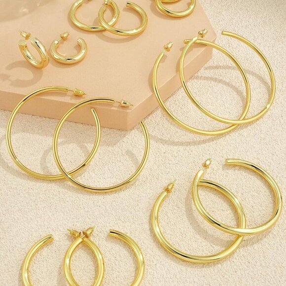 Gold Hoop Earrings for Women Chunky 14K Gold Plated Lightweight Jewelry Gift - Picture 6 of 6